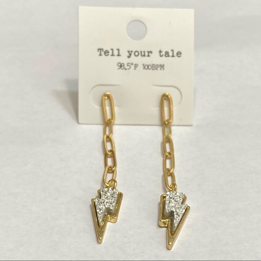 SILVER DRUZY LIGHTNING BOLT & GOLD METAL CHAIN LINK 2.5” DANGLE POST EARRINGS - Picture 2 of 4